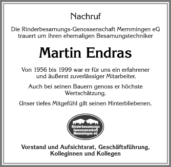 Traueranzeige von Martin Endras von Allgäuer Anzeigeblatt