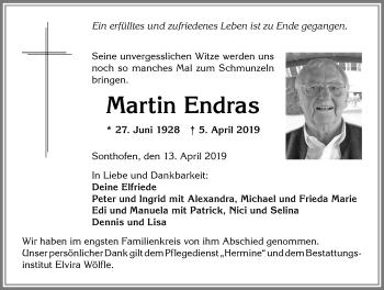 Traueranzeige von Martin Endras von Allgäuer Anzeigeblatt