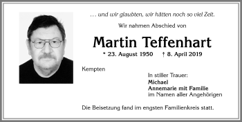 Traueranzeige von Martin Teffenhart von Allgäuer Zeitung,Kempten