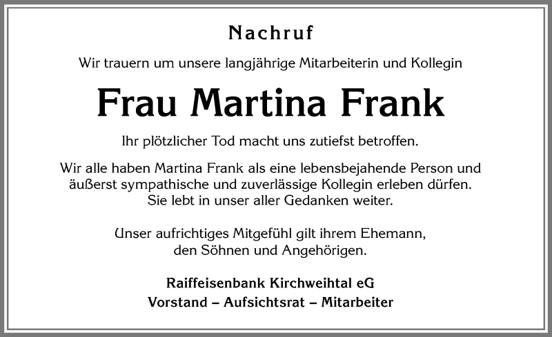  Traueranzeige für Martina Frank vom 09.04.2019 aus Allgäuer Zeitung, Kaufbeuren/Buchloe