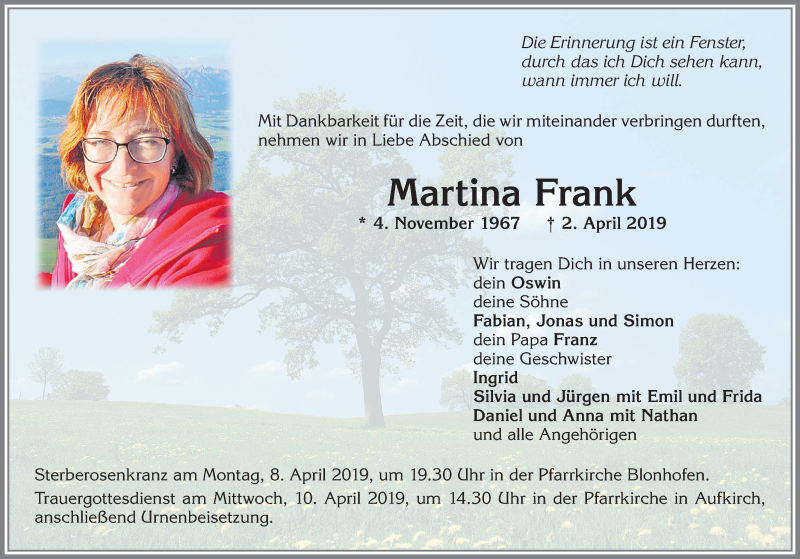  Traueranzeige für Martina Frank vom 06.04.2019 aus Allgäuer Zeitung, Kaufbeuren/Buchloe