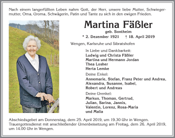 Traueranzeige von Martina Fäßler von Allgäuer Zeitung,Kempten