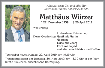 Traueranzeige von Matthäus Würzer von Allgäuer Zeitung,Kempten