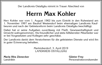 Traueranzeige von Max Kohler von Allgäuer Zeitung, Kaufbeuren/Buchloe