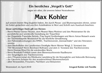Traueranzeige von Max Kohler von Allgäuer Zeitung, Kaufbeuren/Buchloe