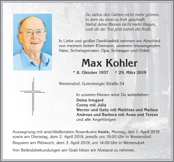 Traueranzeige von Max Kohler von Allgäuer Zeitung, Kaufbeuren/Buchloe