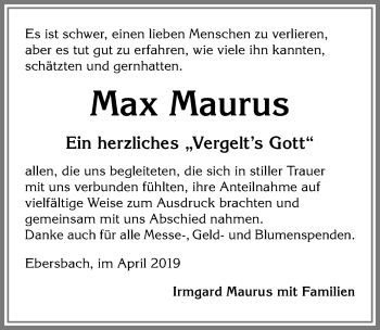Traueranzeige von Max Maurus von Allgäuer Zeitung, Marktoberdorf