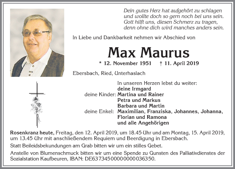  Traueranzeige für Max Maurus vom 12.04.2019 aus Allgäuer Zeitung, Marktoberdorf