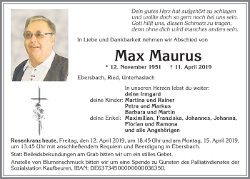 Traueranzeige von Max Maurus von Allgäuer Zeitung, Marktoberdorf