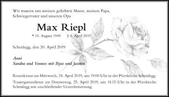 Traueranzeige von Max Riepl von Der Westallgäuer