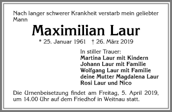 Traueranzeige von Maximilian Laur von Allgäuer Zeitung,Kempten