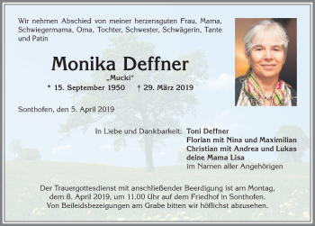 Traueranzeige von Monika Deffner von Allgäuer Anzeigeblatt