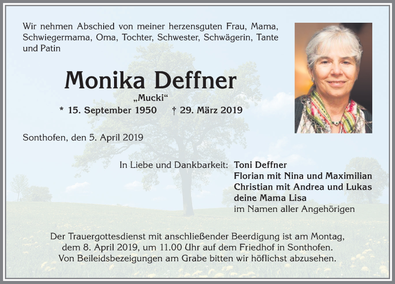  Traueranzeige für Monika Deffner vom 05.04.2019 aus Allgäuer Anzeigeblatt