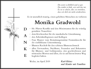 Traueranzeige von Monika Gradwohl von Der Westallgäuer