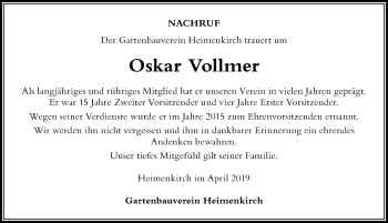 Traueranzeige von Oskar Vollmer von Der Westallgäuer
