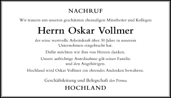 Traueranzeige von Oskar Vollmer von Der Westallgäuer