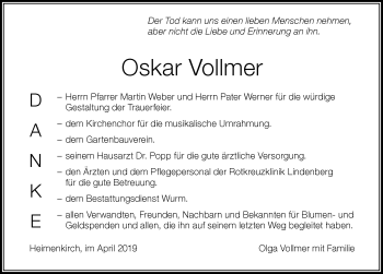 Traueranzeige von Oskar Vollmer von Der Westallgäuer