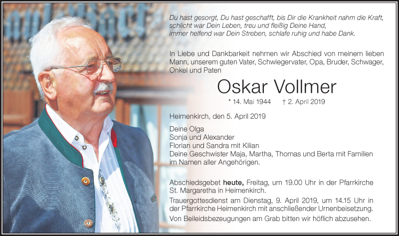  Traueranzeige für Oskar Vollmer vom 05.04.2019 aus Der Westallgäuer