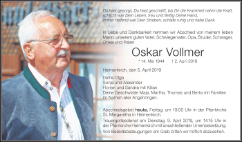 Traueranzeige von Oskar Vollmer von Der Westallgäuer