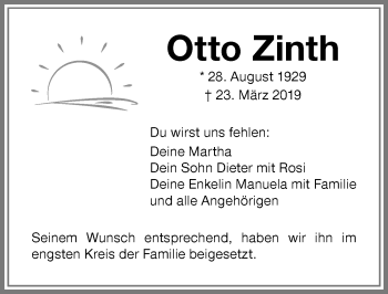 Traueranzeige von Otto Zinth von Memminger Zeitung