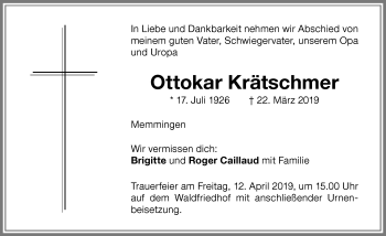 Traueranzeige von Ottokar Krätschmer von Memminger Zeitung