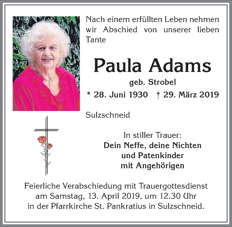  Traueranzeige für Paula Adams vom 10.04.2019 aus Allgäuer Zeitung, Marktoberdorf