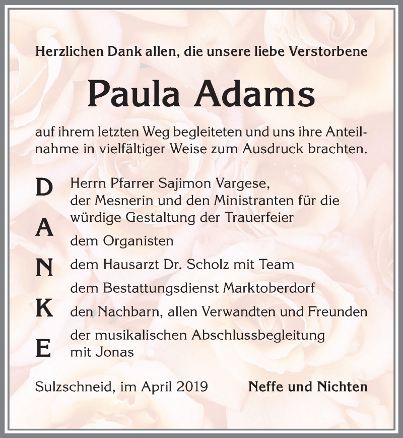  Traueranzeige für Paula Adams vom 27.04.2019 aus Allgäuer Zeitung, Marktoberdorf