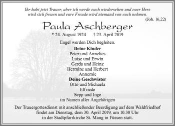 Traueranzeige von Paula Aschberger von Allgäuer Zeitung, Füssen