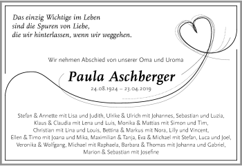 Traueranzeige von Paula Aschberger von Allgäuer Zeitung, Füssen