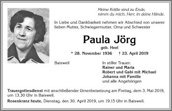 Traueranzeige von Paula Jörg von Allgäuer Zeitung, Kaufbeuren/Buchloe