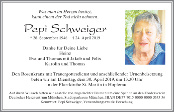Traueranzeige von Pepi Schweiger von Allgäuer Zeitung, Füssen