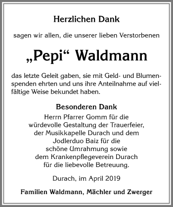 Traueranzeige von Pepi Waldmann von Allgäuer Zeitung,Kempten