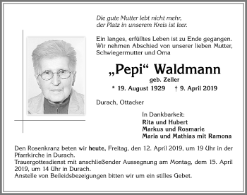 Traueranzeige von Pepi Waldmann von Allgäuer Zeitung,Kempten