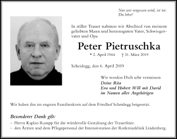 Traueranzeige von Peter Pietruschka von Der Westallgäuer