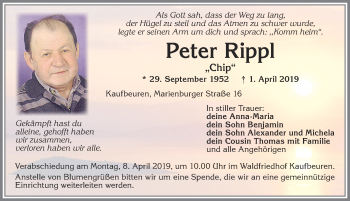 Traueranzeige von Peter Rippl von Allgäuer Zeitung, Kaufbeuren/Buchloe
