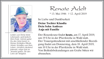 Traueranzeige von Renate Adelt von Allgäuer Zeitung