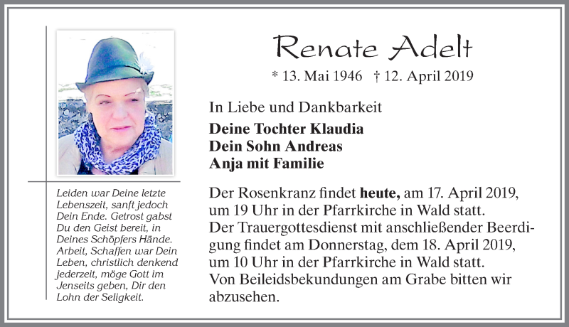  Traueranzeige für Renate Adelt vom 17.04.2019 aus Allgäuer Zeitung