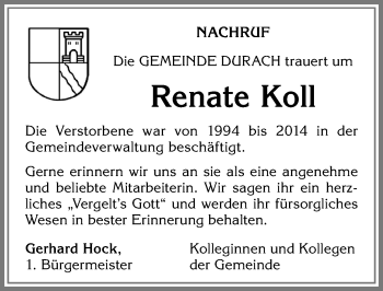 Traueranzeige von Renate Koll von Allgäuer Zeitung,Kempten