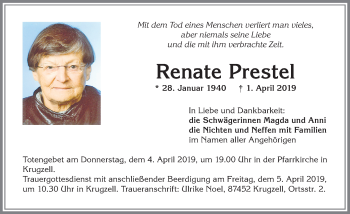 Traueranzeige von Renate Prestel von Allgäuer Zeitung,Kempten