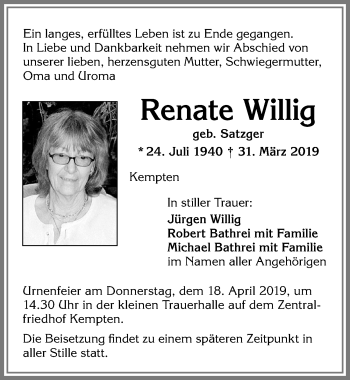 Traueranzeige von Renate Willig von Allgäuer Zeitung,Kempten