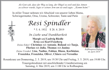 Traueranzeige von Resi Spindler von Allgäuer Zeitung, Füssen
