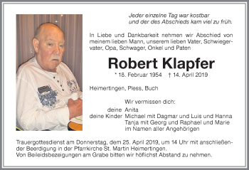 Traueranzeige von Robert Klapfer von Memminger Zeitung