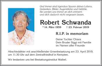 Traueranzeige von Robert Schwanda von Allgäuer Zeitung,Kempten