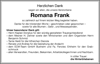 Traueranzeige von Romana Frank von Memminger Zeitung