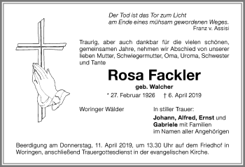 Traueranzeige von Rosa Fackler von Memminger Zeitung