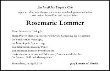 Traueranzeige von Rosemarie Lommer von Der Westallgäuer