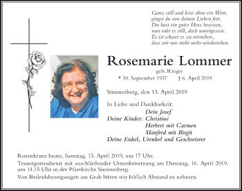 Traueranzeige von Rosemarie Lommer von Der Westallgäuer