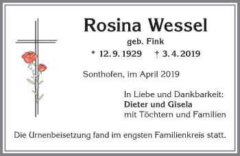 Traueranzeige von Rosina Wessel von Allgäuer Anzeigeblatt