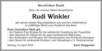 Traueranzeige von Rudi Winkler von Allgäuer Zeitung,Kempten