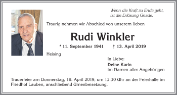 Traueranzeige von Rudi Winkler von Allgäuer Zeitung,Kempten